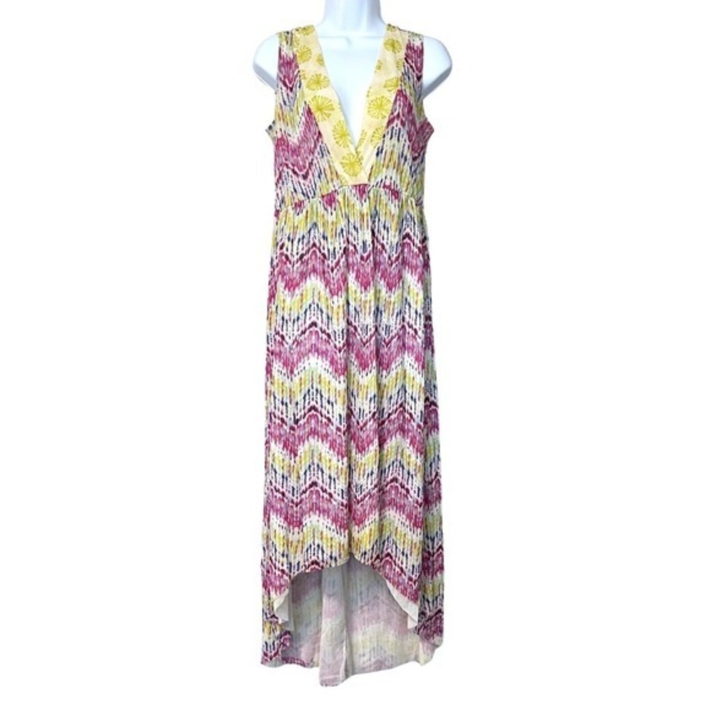 Sweet Pea by‎ Stacy Frati Mesh Boho Maxi Dress Womens Size L Pink Floral Hi Low